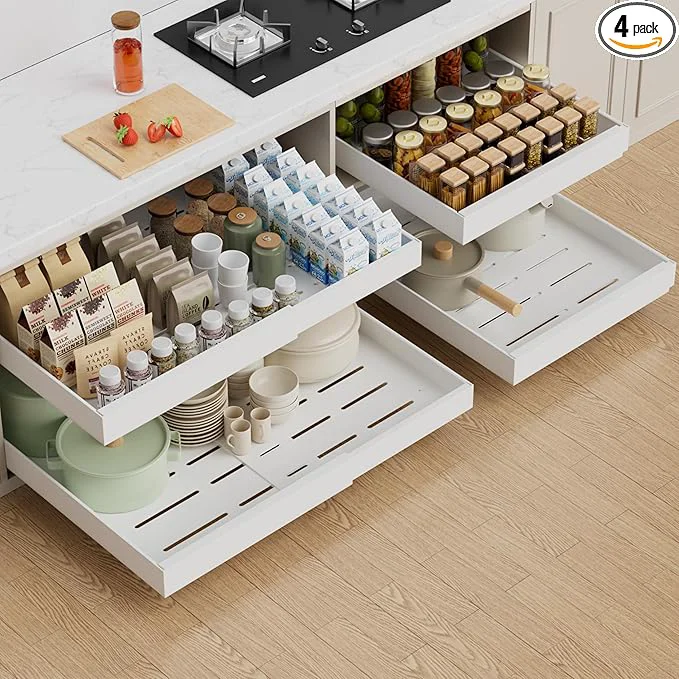 Carefully Designed PAKETA 4 Pack Expandable Pull Out Cabinet Organizer 21'' Deep Pull Out Drawers for Cabinet Upgrade 3 Slide Rails Sliding Drawers for Cabinets with Adhesive Nano Film White 21 D X 15-26 W About ThisOverview Breathable