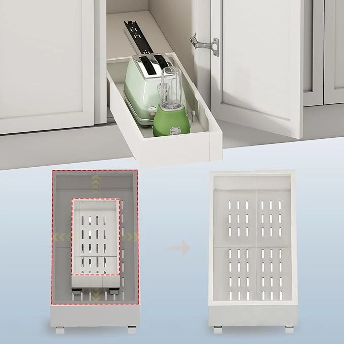 Crafted Pull out Cabinet Organizer Expandable Width 7 -11 Depth 17 -24 Roll out Drawers No Drill Adjustable Slide out Shelves for Kitchen Pantry for Both Lip and Lip- Cabinets White 1PC About ThisOverview Next-Generation