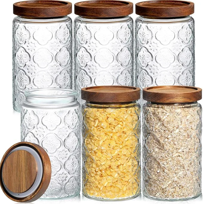 Optimized Domensi 6 Pcs Vintage Glass Jars 34 oz Glass Storage Jars with Lids Begonia Pattern Airtight Storage Jars for Kitchen Counter Pantry Coffee Bean Grains Tea Sugar Flour Candy OatsAbout ThisOverview Fashionable