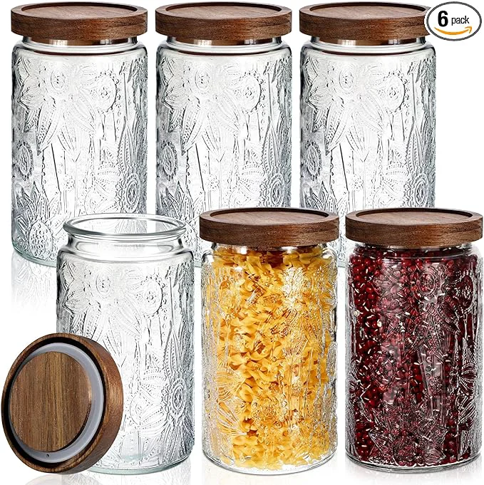 Selected Domensi 6 Pcs Vintage Glass Jars 34 oz Glass Storage Jars with Lids Sunflower Pattern Airtight Storage Containers for Kitchen Counter Pantry Coffee Bean Grains Tea Sugar Flour Candy OatsAbout ThisOverview Fast