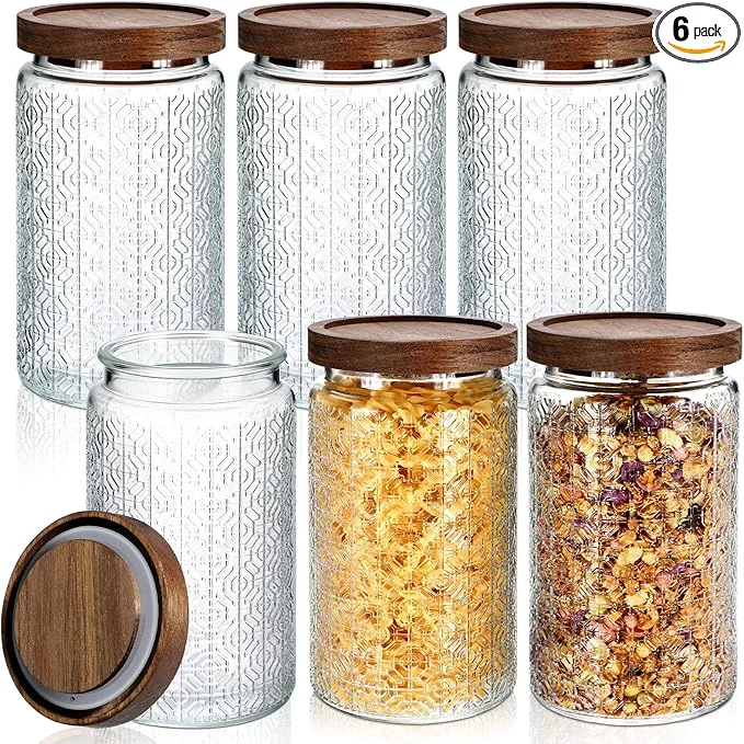 Consistent Domensi 6 Pcs Vintage Glass Jars 34 oz Glass Storage Jars with Lids Window Pattern Airtight Storage Containers for Kitchen Counter Pantry Coffee Bean Grains Tea Sugar Flour Candy OatsAbout ThisOverview Modern