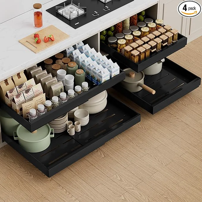 Selected PAKETA 4 Pack Expandable Pull Out Cabinet Organizer 21'' Deep Pull Out Drawers for Cabinets Upgrade 3 Slide Rails Sliding Drawers for Cabinet with Adhesive Nano Film Black 21 D X 15-26 W ）About ThisOverview Practical