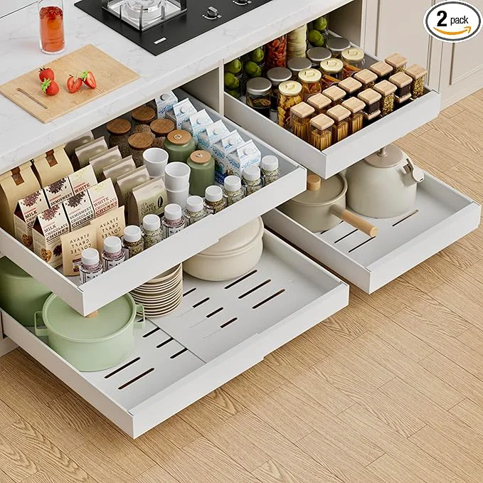 Versatile PAKETA 2 Pack Expandable Pull Out Cabinet Organizer 21'' Deep Pull Out Drawers for Cabinets Upgrade 3 Slide Rails Sliding Drawers for Cabinets with Adhesive Nano Film White 21 D X 12-20 W About ThisOverview Stylish