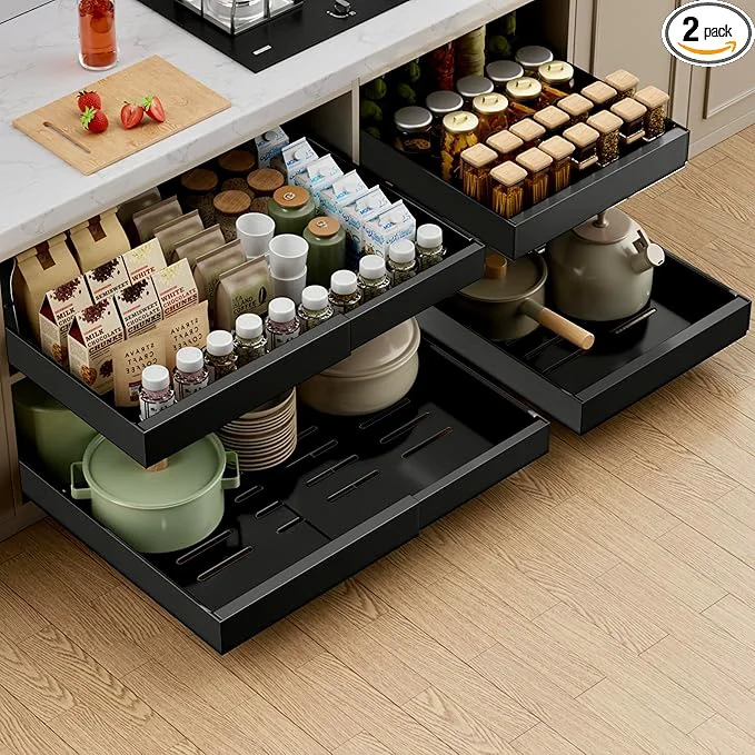 Elite PAKETA 2 Pack Expandable Pull Out Cabinet Organizer 21'' Deep Pull Out Drawers for Cabinet Upgrade 3 Slide Rails Sliding Drawer for Cabinets with Adhesive Nano Film Black 21 D X 12-20 W About ThisOverview Consistent