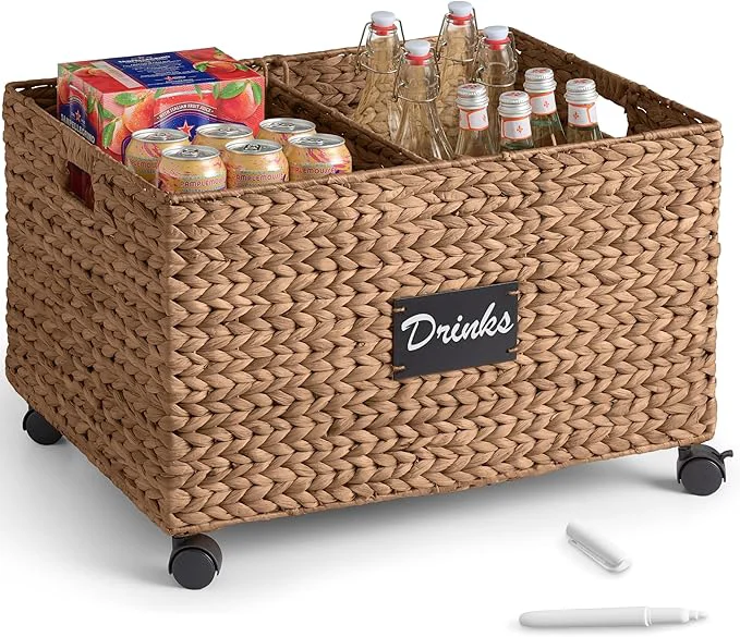 Specialty Choice Products Rolling Pantry Storage Basket Organizer W Chalkboard Label Open Handles Removable Divider Water Hyacinth Bin for Kitchen Bedroom Office Kids' Room Laundry Room - ChestnutAbout ThisOverview Top-Quality