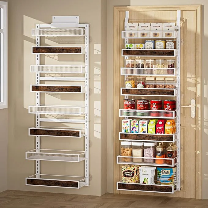 Functional 8 Tier Over the Door Pantry Organizer 2 IN 1 Hanging or Wall Mounted Spice Rack with Adjustable Basket Heavy Duty Seasonning Storage Shelf for Kitchen Pantry and BathroomAbout ThisOverview Flexible