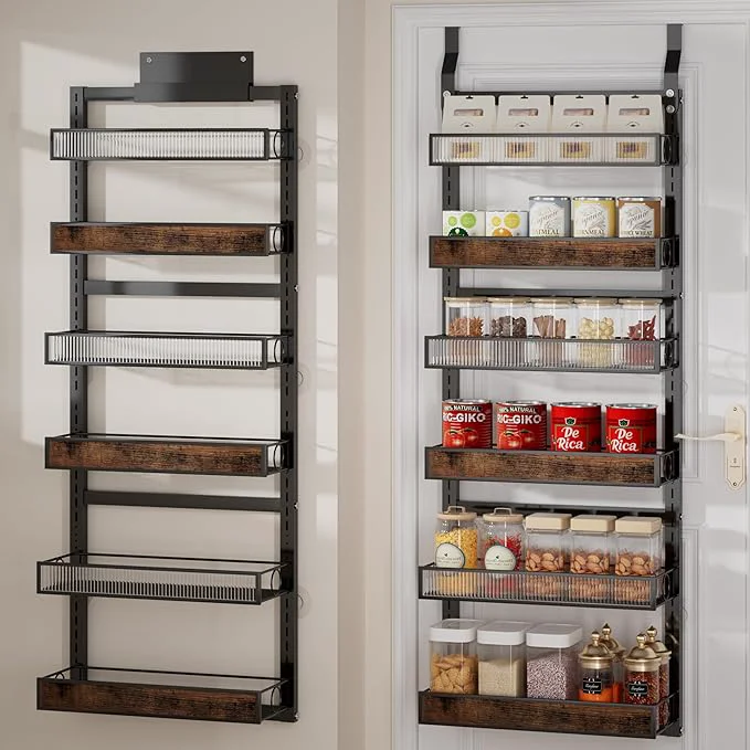 Exclusive 6 Tier Over the Door Pantry Organizer 2 IN 1 Hanging or Wall Mounted Spice Rack with Adjustable Basket Heavy Duty Seasonning Storage Shelf for Kitchen Pantry and Bathroom BlackAbout ThisOverview Top-Quality