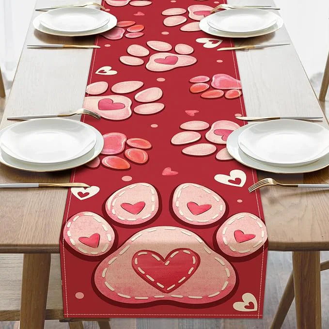 Lightweight Valentines Day Dog Cat Paw Prints Table Runner Anniversary Wedding Burlap Contemporary