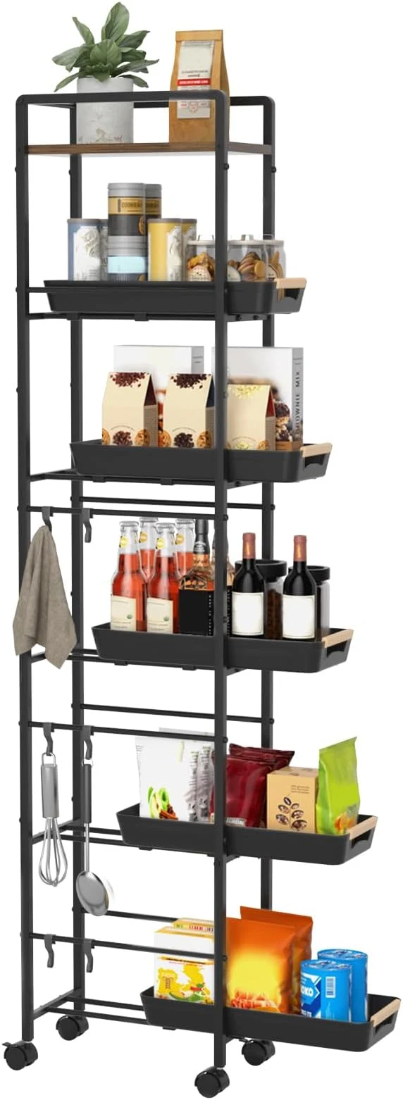 Unique 6 Tier Slim Storage Cart with Pull-Out Baskets Rolling Cart with Wheels Wood Top Narrow Utility Cart Metal Shelving Units for Pantry Laundry Room Bathroom Kitchen Black 8in W About ThisOverview Casual