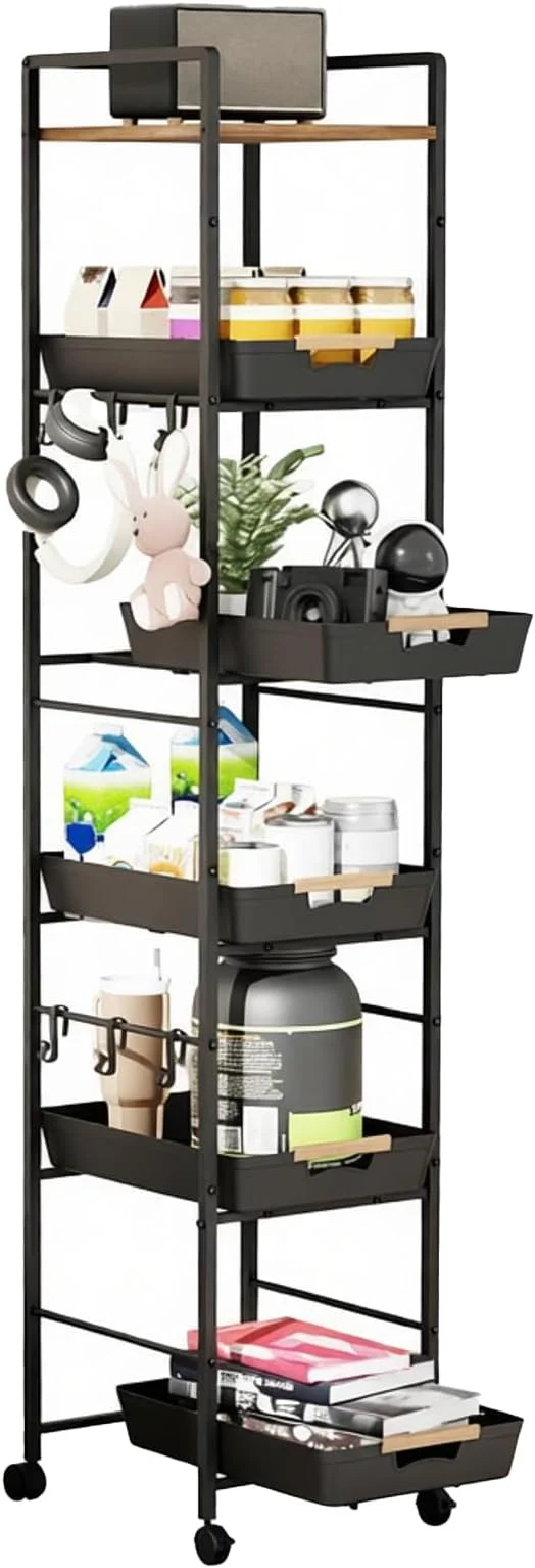 Elite 6 Tier Storage Cart with Pull-Out Baskets Rolling Storage Cart with Wheels Wood Top Organizer Rolling Utility Cart for Pantry Laundry Room Bathroom Kitchen Black 14.5 D x 13 W x 64.1 HAbout ThisOverview Convenient