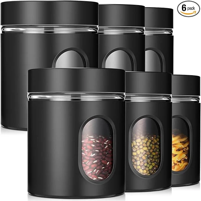 Dependable Patelai 6 Pack Kitchen Canisters Set 20 oz Airtight Stainless Steel Canister Food Storage Container with Window Glass Coffee Sugar Candy Jars Tea Organizer for Flour Cookies Spice Kitchen Black About ThisOverview Fine Crafted