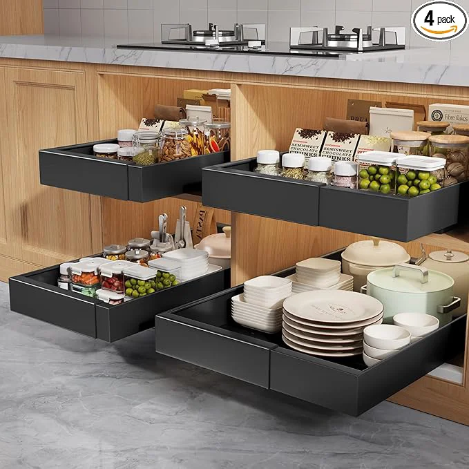 Traditional 4 Pack Pull Out Cabinet Organizers 21 Deep With Raising Pad for Framed Cabinets Expandable Width 9 -14 Slide Out Drawers Upgrade 3 Slide Rails Roll Out Shelves Adhesive BlackAbout ThisOverview Lightweight