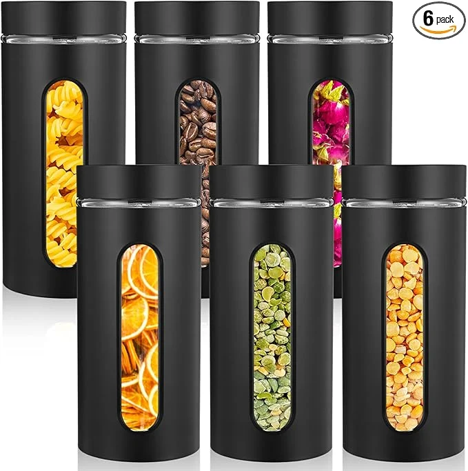 Exceptional Patelai 6 Pack Kitchen Canisters Set Airtight Stainless Steel Canister Food Storage Container with Window Glass Coffee Sugar Candy Jars Tea Organizer for Flour Cookies Spice Black 44 oz About ThisOverview Dependable