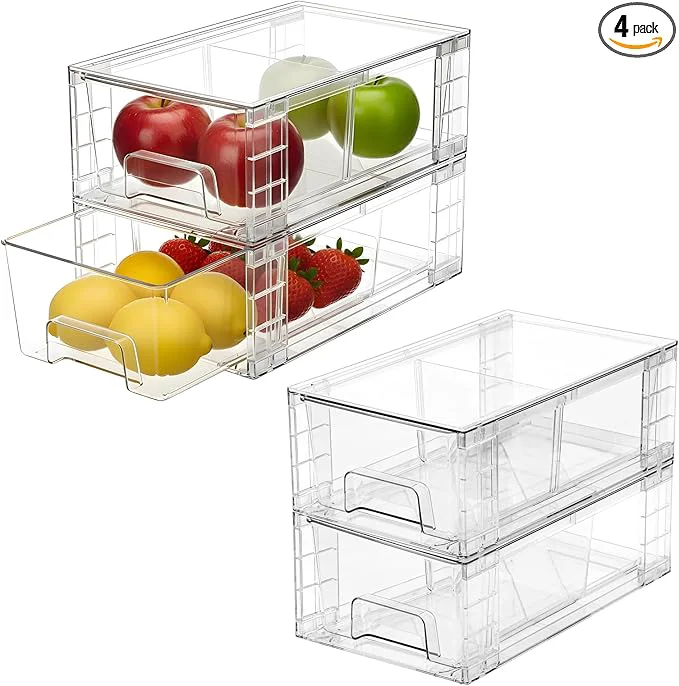 Smart 4 Pack Stackable Storage Drawers Plastic Organizers Bins Drawers Storage with Handles and Movable Dividers for Organization and Storage in Fridge Bathroom Pantry Kitchen Cabinets Under SinkAbout ThisOverview Premium
