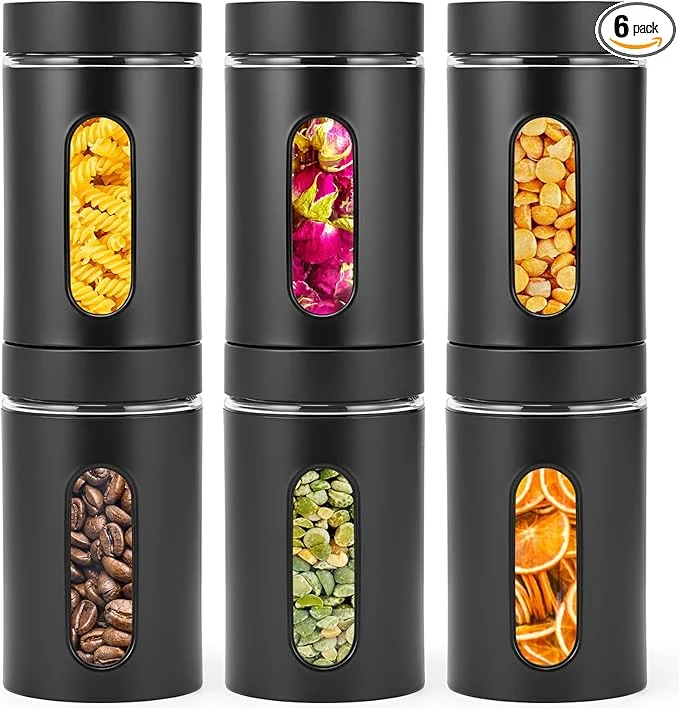 Professional Patelai 6 Pack Kitchen Canisters Set Airtight Stainless Steel Canister Food Storage Container with Window Glass Coffee Sugar Candy Jars Tea Organizer for Flour Cookies Spice Black 32 oz About ThisOverview Recyclable