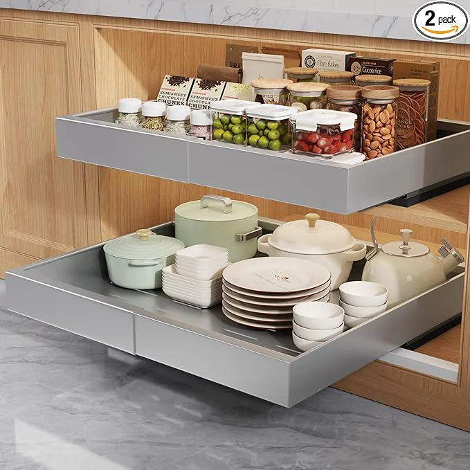 Eco-Friendly 2 Pack Pull Out Cabinet Organizers 21 Deep With Raising Pad for Framed Cabinets Expandable Slide Out Drawers Upgrade 3 Slide Rails Roll Out Shelves Adhesive Adjustable Width 12 -20.45 SilverAbout ThisOverview Organic