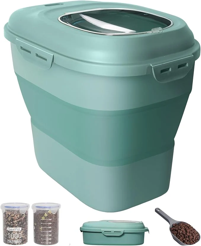 Practical 30-35 Lbs Dog Food Storage Container Collapsible Dog Food Container with Airtight Lids Wheels Scoop and 2pcs Food Storage Containers Large Pet food storage for Dog Cat Green About ThisOverview Efficient