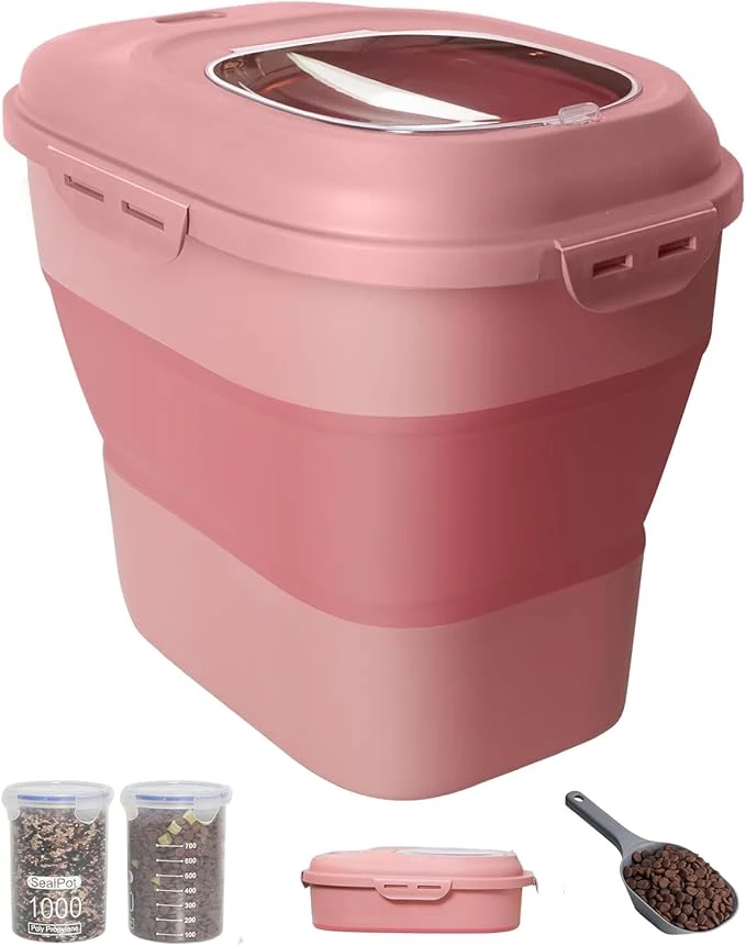 Verified 30-35 Lbs Dog Food Storage Container Collapsible Dog Food Container with Airtight Lids Wheels Scoop and 2pcs Food Storage Containers Large Pet food storage for Dog Cat Pink About ThisOverview Authentic