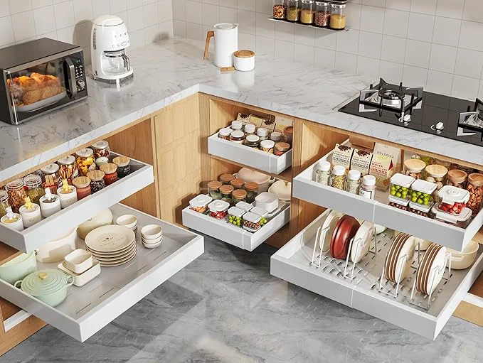 Pure 6 Pack Pull Out Cabinet Organizers 21 Deep With Raising Pad for Framed Cabinets Expandable Slide Out Drawers with 4pcs Divider Racks Roll Out Shelves Adjustable Width 12 -20.45 WhiteAbout ThisOverview Elegant