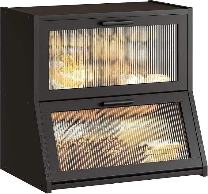 Detailed GHWIE Double Layer Bamboo Bread Box for Kitchen Counter Large Capacity Storage Bin with Acrylic Wavy Door Panel Black Extra Large About ThisOverview Trendy