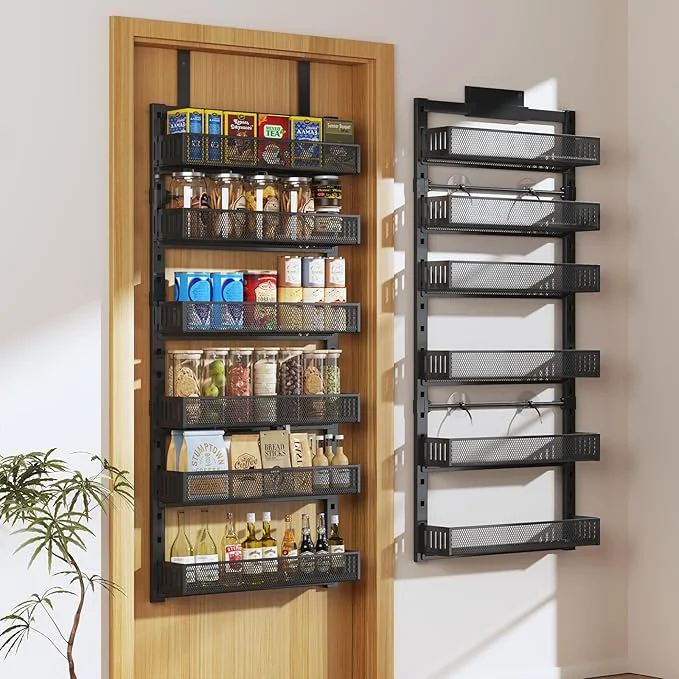 Next-Generation Pantry Door Organizers and Storage 6-Tier Large Wide Metal Heavy-Duty Frame Over the Door Spice Rack 2 in 1 Wall-Mounted or Hanging shelf for Kitchen Bathroom Laundry Room Bedroom Closet NurseryAbout ThisOverview Certified