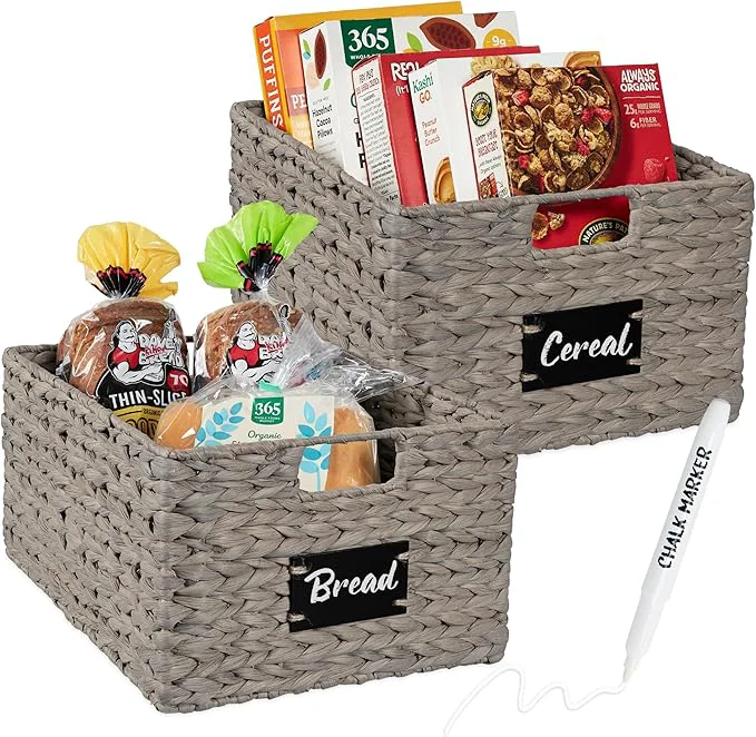 Contemporary Choice Products Pantry Baskets Set of 2 16x12in Water Hyacinth Storage Baskets Woven Wicker Kitchen Organizers with handles w Chalkboard Label Chalk Marker - GrayAbout ThisOverview Genuine