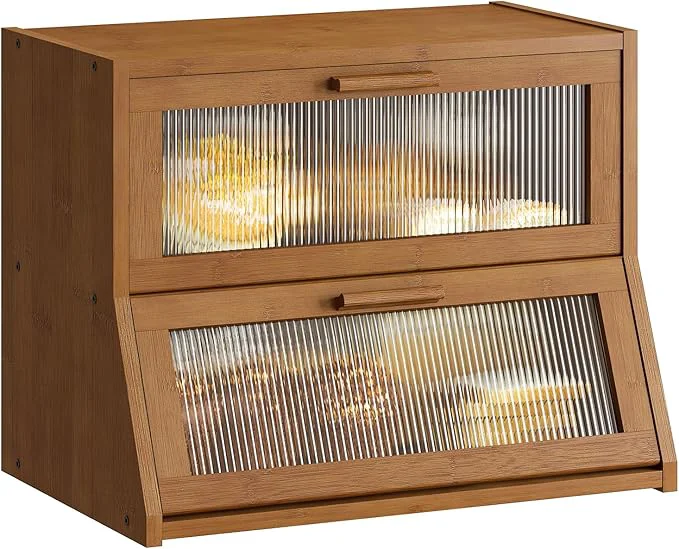 User-Friendly GHWIE Double Layer Bamboo Bread Box for Kitchen Counter Large Capacity Bread Storage Bin Bread Container with Acrylic Wavy Door Panel Brown Medium About ThisOverview Fine