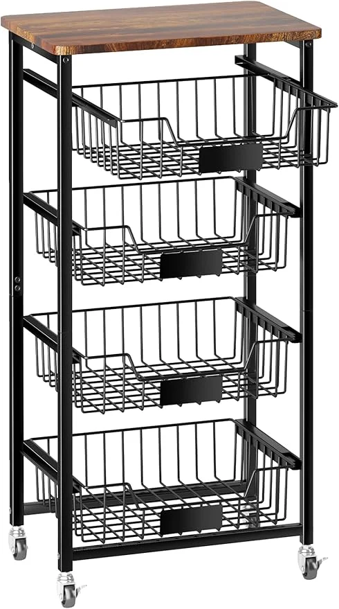 Fine Crafted Fruit Basket 5-Tier Utility Kitchen Organizer and Storage Cart with Pull-Out Baskets and Wood Top Rolling Pantry Kitchen Cart on Wheels for Fruit Potato Onion Vegetable Snack ProduceAbout ThisOverview Solid