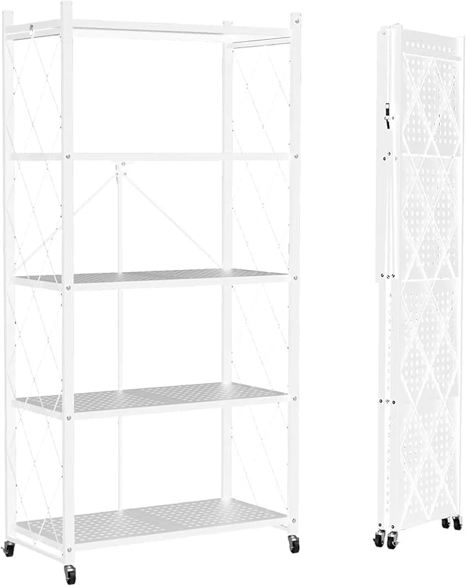 Premium Material 5-Tier Foldable Storage Shelf with Wheels Metal Rack Collapsible Shelving Display Rolling Cart for Books Kitchen Storage Shelves Pantry Closet Organizer Office Room DecorAbout ThisOverview Sustainable
