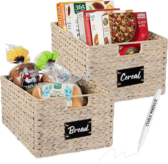 Genuine Choice Products Pantry Baskets Set of 2 16x12in Water Hyacinth Storage Baskets Woven Wicker Kitchen Organizers with handles w Chalkboard Label Chalk Marker - WhiteAbout ThisOverview Efficient