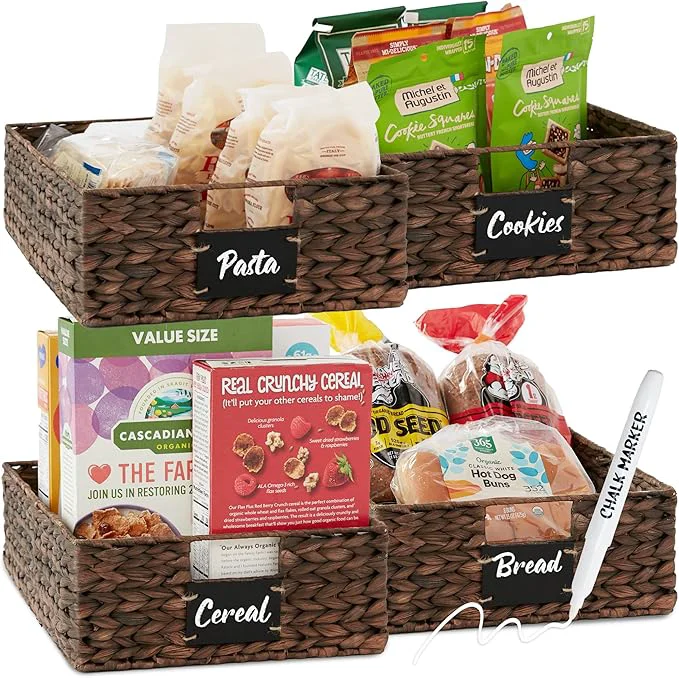 Refined Choice Products Set of 4 16x12in Large Water Hyacinth Pantry Baskets Woven Organizers w Chalkboard Label Chalk Marker - BrownAbout ThisOverview Healthy