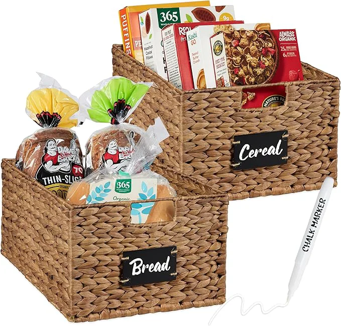 Crafted Choice Products Pantry Baskets Set of 2 16x12in Water Hyacinth Storage Baskets Woven Wicker Kitchen Organizers with handles w Chalkboard Label Chalk Marker - ChestnutAbout ThisOverview Traditional