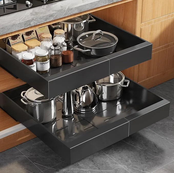 Relaxed 2 Pack Expandable Pull Out Cabinet Organizer 16.5 Deep With Raising Pad for Framed Cabinets Upgrade 3 Slide Rails Slide Out Drawers No Drill Roll Out Shelves Adjustable Width 12.2 -20.4 BlackAbout ThisOverview Original Design