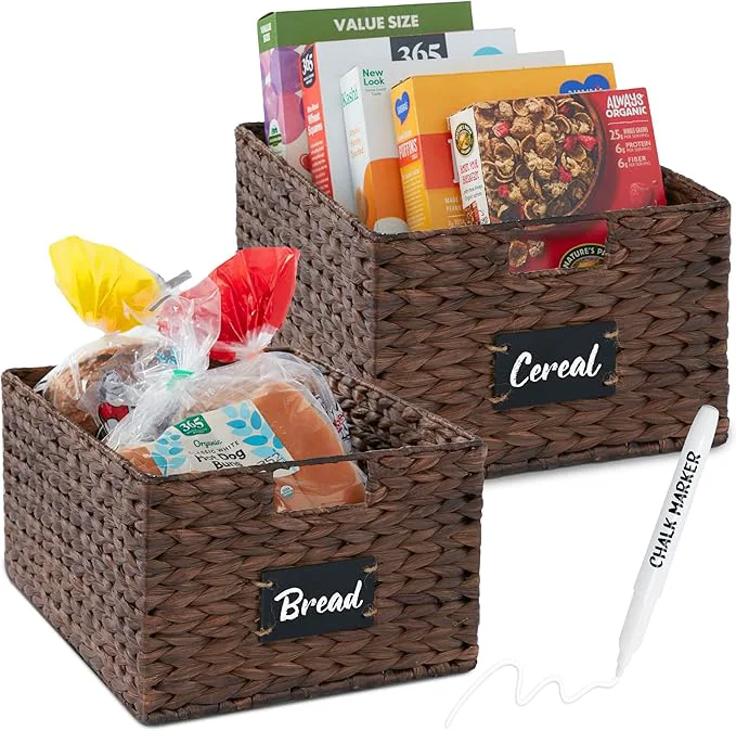 Specialty Choice Products Pantry Baskets Set of 2 16x12in Water Hyacinth Storage Baskets Woven Wicker Kitchen Organizers with handles w Chalkboard Label Chalk Marker - BrownAbout ThisOverview Official