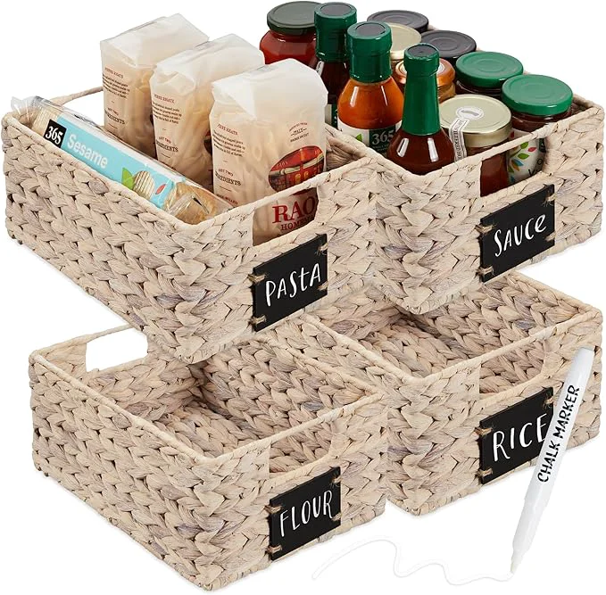 Functional Choice Products Set of 4 9x12in Water Hyacinth Pantry Baskets Woven Organizers w Chalkboard Label Chalk Marker - WhiteAbout ThisOverview Selected