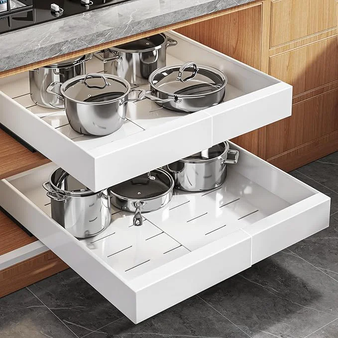 Relaxed 2Pack Expandable Pull Out Cabinet Organizer 21 Deep With Raising Pad for Framed Cabinets Upgrade 3 Slide Rails Slide Out Drawers Roll Out Shelves Adhesive Adjustable Width 12.05 -20.4 WhiteAbout ThisOverview Practical