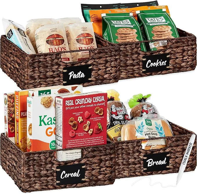 Environmentally Friendly Choice Products Set of 4 13x12in Water Hyacinth Pantry Baskets Woven Organizers w Chalkboard Label Chalk Marker - BrownAbout ThisOverview Durable
