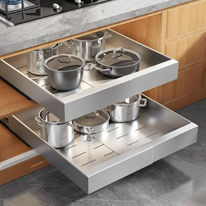 Durable 2Pack Expandable Pull Out Cabinet Organizer 21 Deep With Raising Pad for Framed Cabinets Upgrade 3 Slide Rails Slide Out Drawers Roll Out Shelves Adhesive Adjustable Width 12.05 -20.4 SilverAbout ThisOverview Efficient