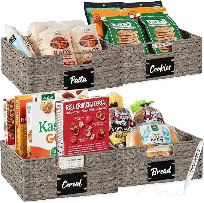 Selected Choice Products Set of 4 13x12in Water Hyacinth Pantry Baskets Woven Organizers w Chalkboard Label Chalk Marker - GrayAbout ThisOverview Innovative