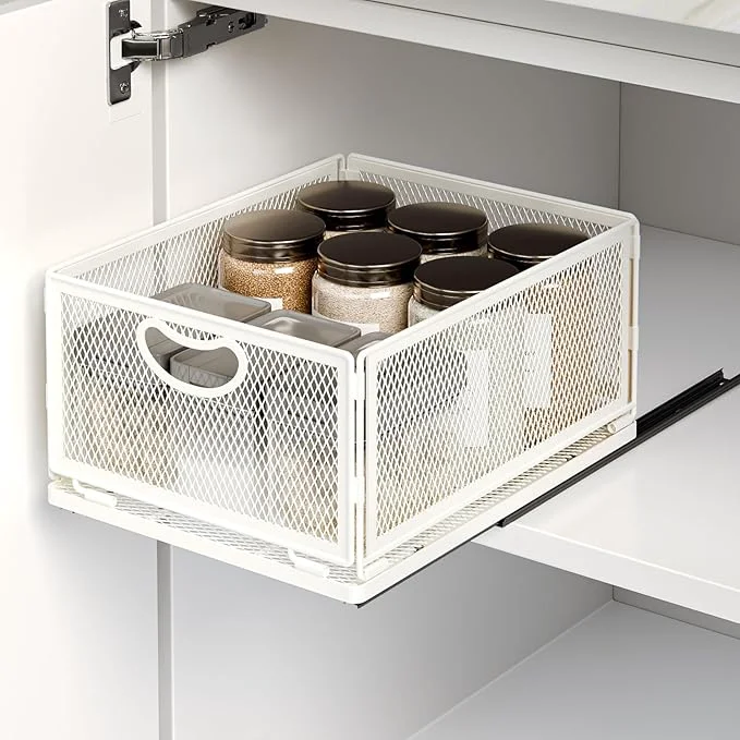 Comfortable Pull Out Cabinet Organizer No Drill Adhesive Sliding Drawers for Kitchen Metal Mesh Wire Storage Shelf for Pantry Under Sink White 9.6 W x 11.8 D x 6.1 H About ThisOverview Carefully Designed