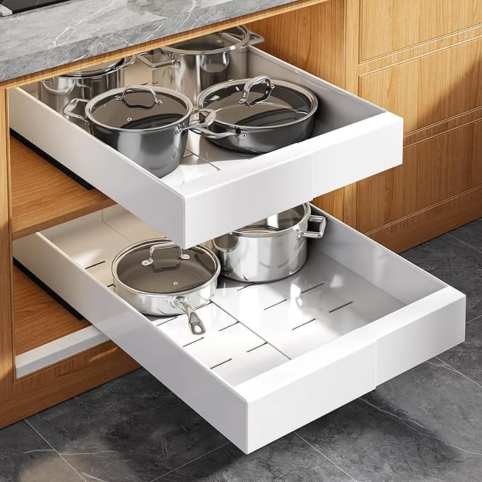 First-Class 2 Pack Expandable Pull Out Cabinet Organizer 21 Deep with Raising Pad for Framed Cabinets Upgrade 3 Slide Rails Slide Out Drawers Roll Out Shelves Adhesive Adjustable Width 9 -14.1 WhiteAbout ThisOverview Artisan