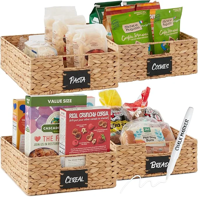 Sophisticated Choice Products Set of 4 16x12in Large Water Hyacinth Pantry Baskets Woven Organizers w Chalkboard Label Chalk Marker - NaturalAbout ThisOverview Pure