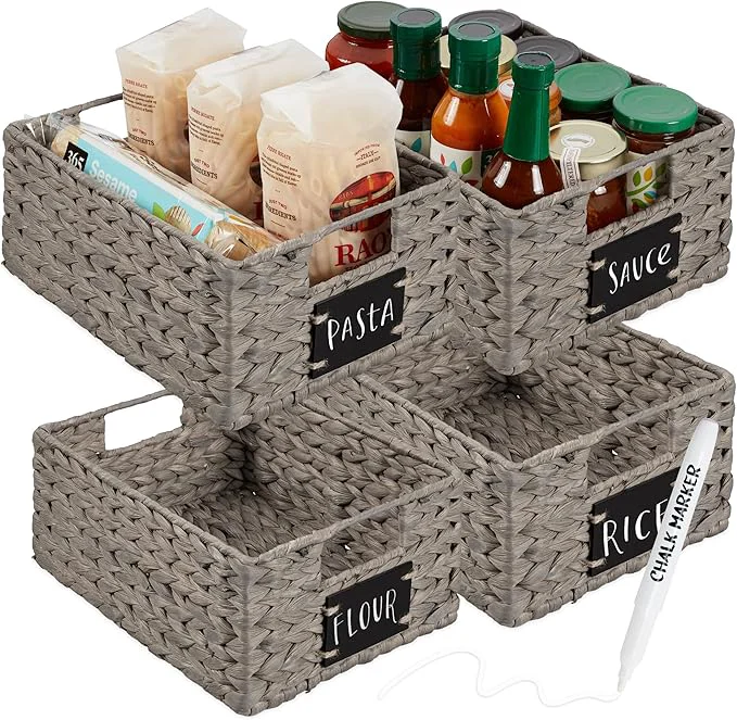 Refined Choice Products Set of 4 9x12in Water Hyacinth Pantry Baskets Woven Organizers w Chalkboard Label Chalk Marker - GrayAbout ThisOverview Fine Crafted