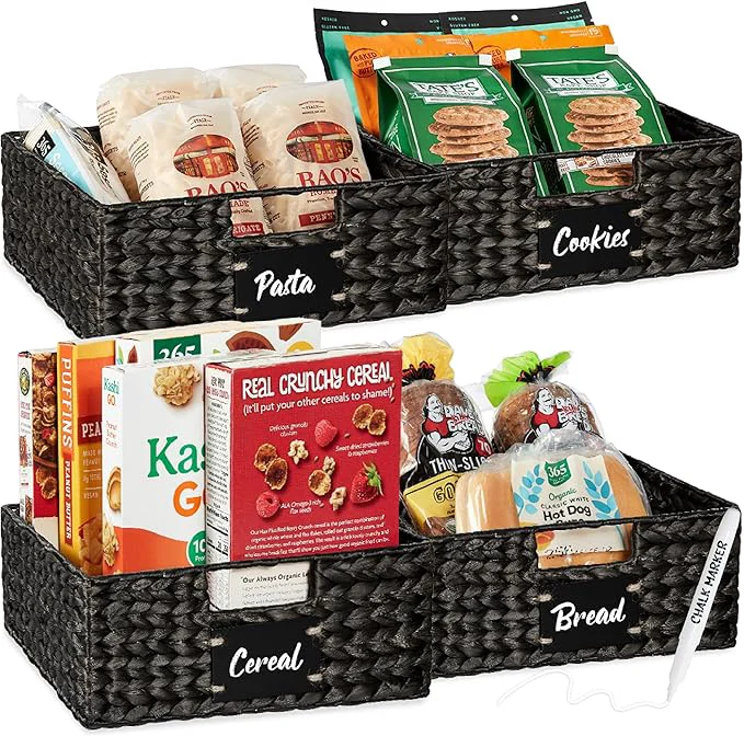 Fine Crafted Choice Products Set of 4 13x12in Water Hyacinth Pantry Baskets Woven Organizers w Chalkboard Label Chalk Marker - BlackAbout ThisOverview Secure