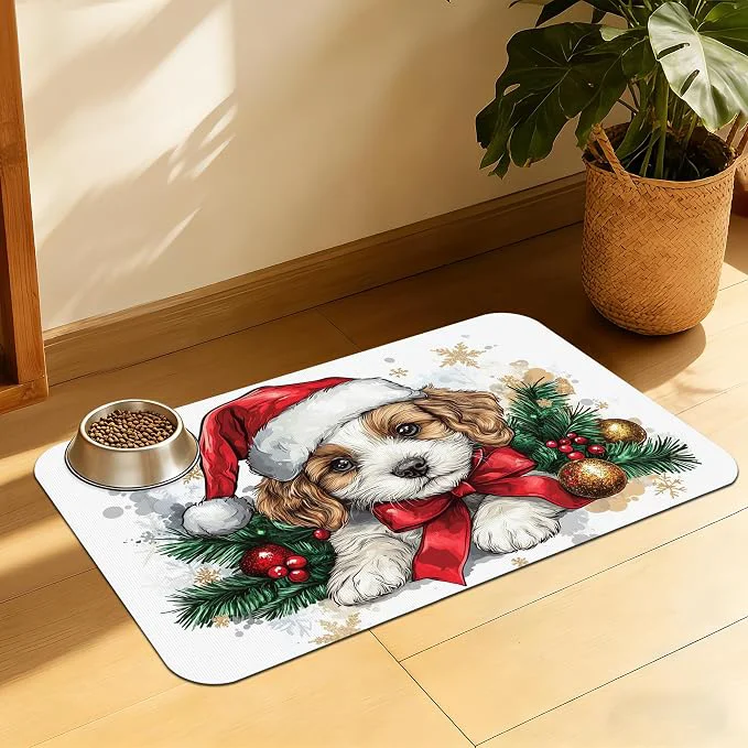 Green Christmas Dog and Cat Food Mat Absorbent Feeding Placemat Waterproof Non-Slip Easy-to-Use