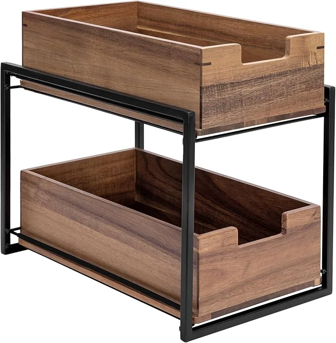 Contemporary Seville Classics Acacia Wood Premium Organizer Storage Bins for Kitchen Silverware Pantry Closet Office Desk Pens Utensils Makeup K Cup Acacia 2-Tier Bin Set BlackAbout ThisOverview