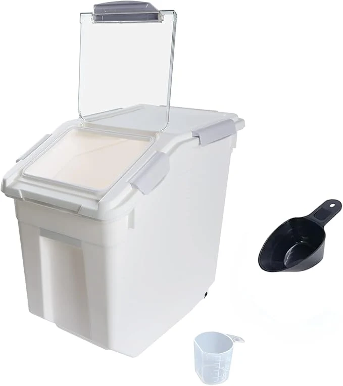 Superior Airtight Flour Storage Container 25 lb Rice Storage Container with Wheels Seal Locking Lid Food Containers with Measuring Cup Scoop for Flour Rice Grain Gray About ThisOverview Detailed
