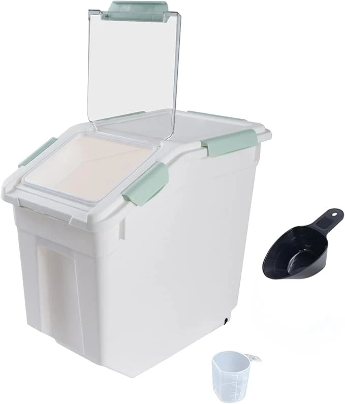 Refined Airtight Flour Storage Container 25 lb Rice Storage Container with Wheels Seal Locking Lid Food Containers with Measuring Cup Scoop for Flour Rice Grain Cyan About ThisOverview Exclusive