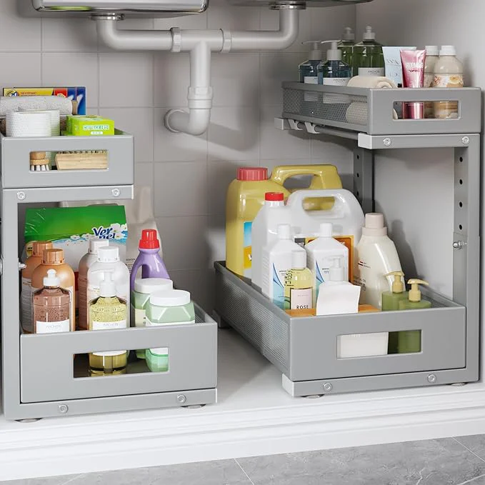 Carefully Designed 2-Pack Under Sink Storage Organizer Large 2-Tier Elegant Mesh Pull Out Shelf for Kitchen and Bathroom Cabinet Organization L-Shaped and Adjustable Height Design-Gun GrayAbout ThisOverview Exclusive