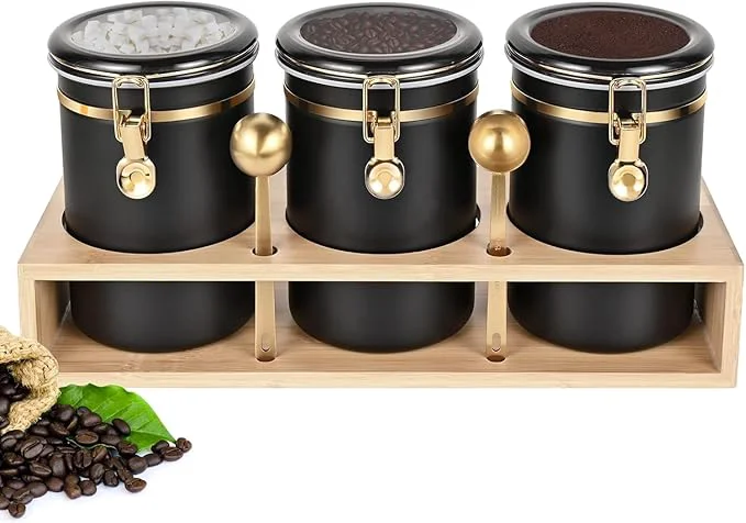 Verified Yangbaga 304 Stainless Steel Coffee Canisters for Ground Coffee 3 x 63 OZ Coffee Container with Shelf Coffee Bean Storage Food Storage Jar with Gold Airtight Locking Clamp and Spoon for KitchenAbout ThisOverview Carefully Designed
